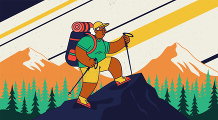 Elderly woman with hikes with a backpack and poles, set against a backdrop of snow capped mountains and pine trees. Hiker stands triumphantly on a mountain peak. Senior vacation concept. © AnnaPa