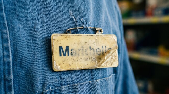 Close-up of a person wearing a denim jacket with a worn name tag