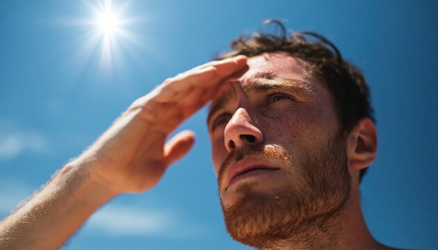 Man shielding eyes from intense bright sun while looking up at a clear blue sky