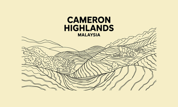 Cameron Highlands Malaysia Tea Plantation Landscape Line Art hills
