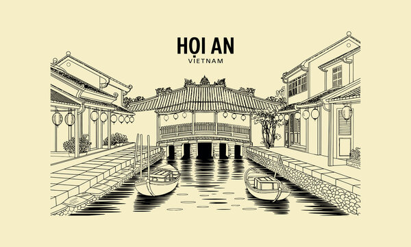 Hoi An Vietnam Ancient Town Canal Boats Architecture Illustration vector