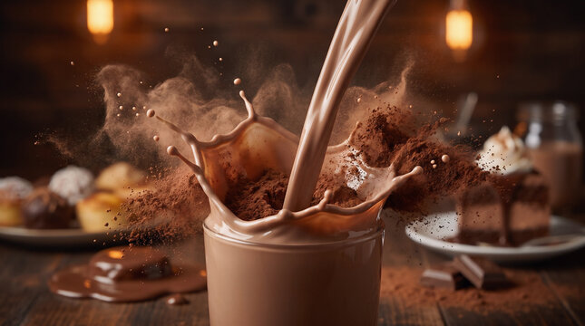 Dynamic Splash of Creamy Chocolate Milk with Exploding Cocoa Powder and Sweet Chocolate Desserts on Rustic Wooden Table