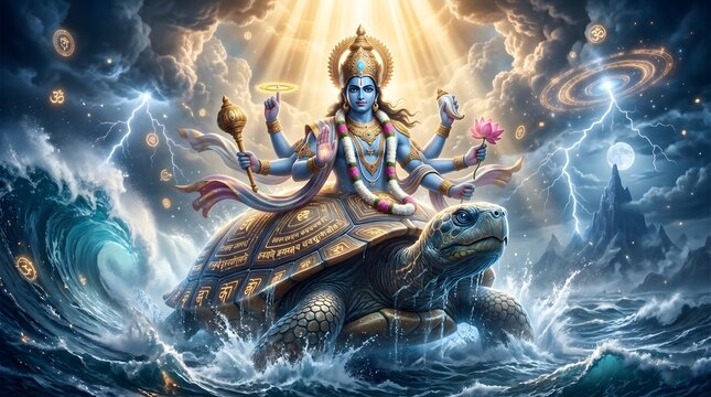 Divine kurma avatar deity manifesting on a giant turtle in stormy ocean