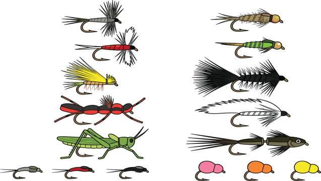Traditional Fly Fishing Lure Collection Featuring Artificial Baits Dry Flies Nymphs Insects and Angling Tackle Vector Set