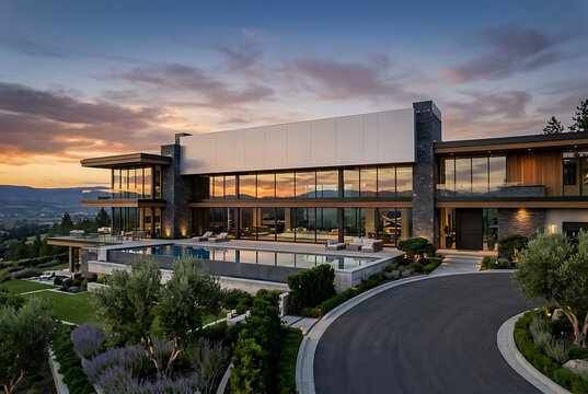 Modern Luxury Mansion with Infinity Pool and Panoramic Mountain Views at Sunset