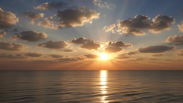 Serene ocean sunrise with golden sunbeams breaking through clouds