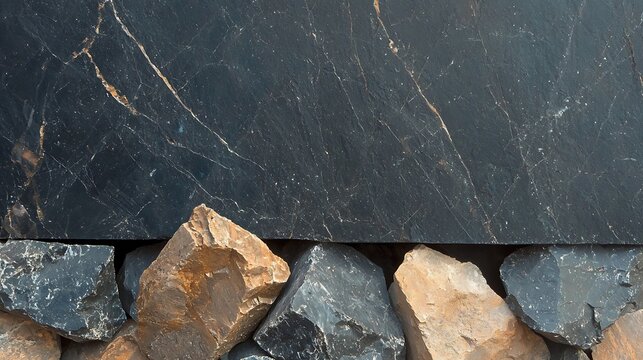 Artistic wall design with dark textured stone surface and natural rock accents for architectural decor