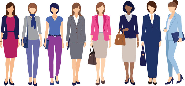 Group of Diverse Business Women Standing Together In Smart Corporate Office Suits Vector Flat Illustration