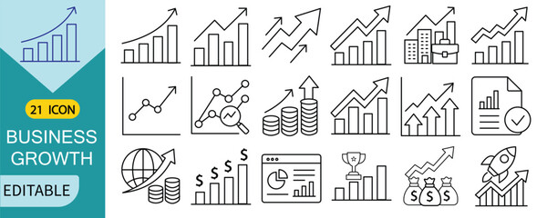 Fototapeta premium Business growth line icons set financial success, market trend, bar chart, graph, profit increase, progress vector symbols