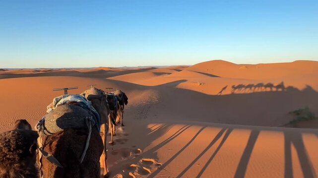First-Person View of Camel Trek in Sahara Desert at Sunrise, Morocco