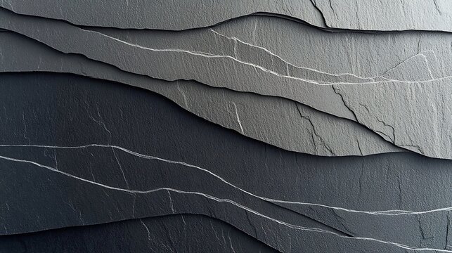 Close-up of layered stone surface with dark and light gray natural textures and fine white veins