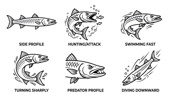Barracuda Fish Action Poses: Hunting, Swimming, Turning, Diving, Side Profile