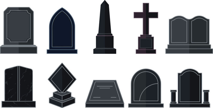 Dark Cemetery Headstone Collection with Tomb Monuments Cross Obelisk Memorial Gravestones and Funeral Marker Vector Set