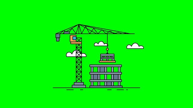 Animated construction crane lifting materials over buildings against green screen background