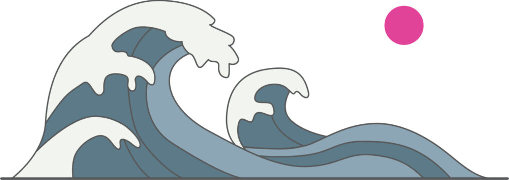 北斎の浮世絵神奈川沖浪裏様式の海の波と太陽