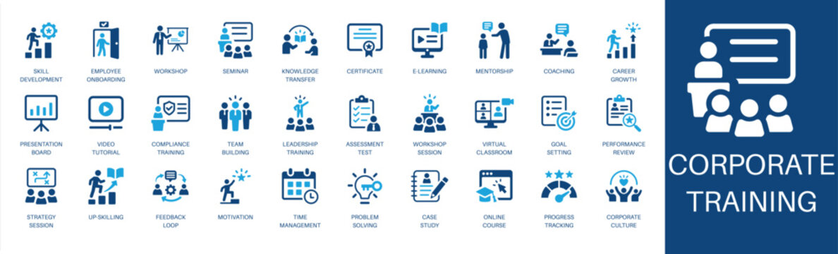 Corporate training and coaching solid icon set. Featuring employee onboarding, team building, performance review, skill development, and mentorship. Editable vector glyphs for hr policy and strategy