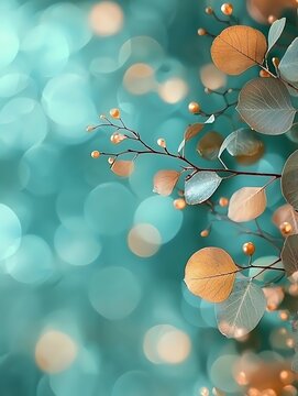Elegant Branch with Rounded Leaves and Small Berries Against Bright Bokeh Background
