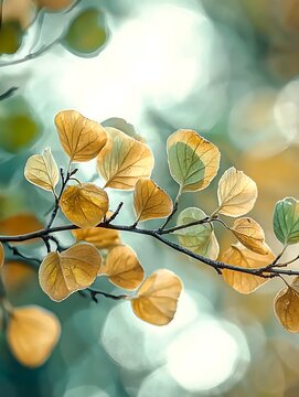 Close-up of autumn leaves on tree branch with bright blurred background and sunlight filtering through