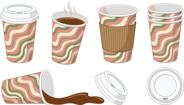 Disposable Coffee Paper Cup Set with Wavy Pattern Designs, Hot Beverage Sleeves, Stacked Takeaway Mugs, Spilled Drinks, and Plastic Lids Vector Illustrations