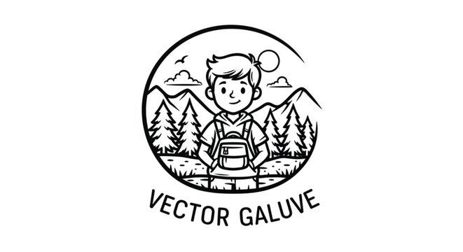 Cartoon boy with hiking backpack.