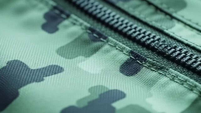 Close-up of green and black camouflage fabric with a zipper