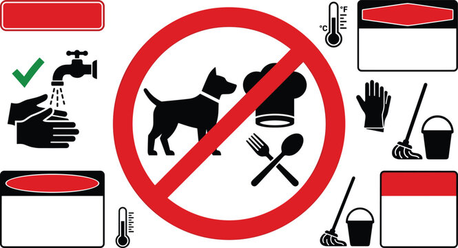 Restaurant Kitchen Safety and Hygiene Icon Set with No Dogs Allowed Sign Handwashing Station and Cleaning Labels Vector Illustration