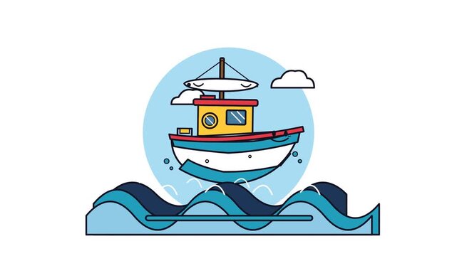 Colorful cartoon fishing boat sailing on stylized waves with cloud illustration