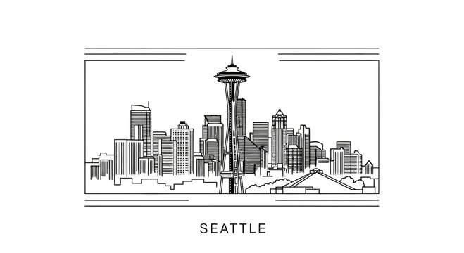 Seattle Skyline with Space Needle - Black and White Line Art Illustration