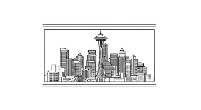 Seattle Skyline Sketch - Iconic Space Needle and City Buildings in Black and White Line Art