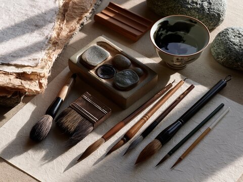 Shodo calligraphy brushes and ink stone on handmade washi paper flat lay