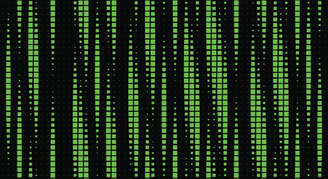 Cyberpunk matrix data rain seamless pattern. dark background, falling green pixel lines, binary code stream. for hacker system error screens, sci-fi movie graphic layouts. retro vector art.