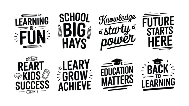 Educational motivational quotes with school and learning related illustrations on transparent background