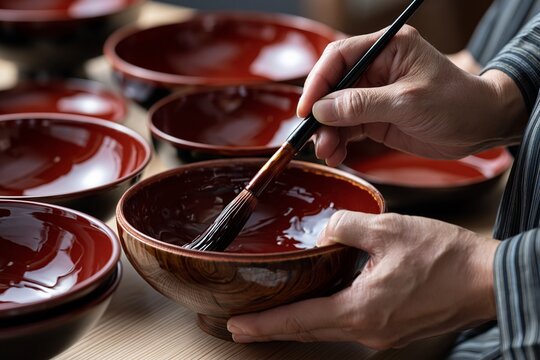 Urushi lacquerware artisan applying vermillion gloss on wooden bowl