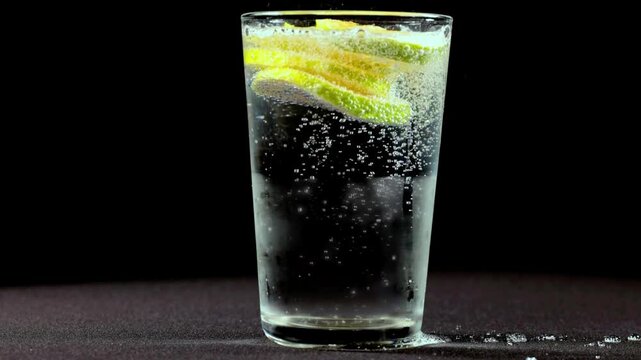 Slices of fresh green lime are dropping into a glass of sparkling carbonated water against a dark background.
