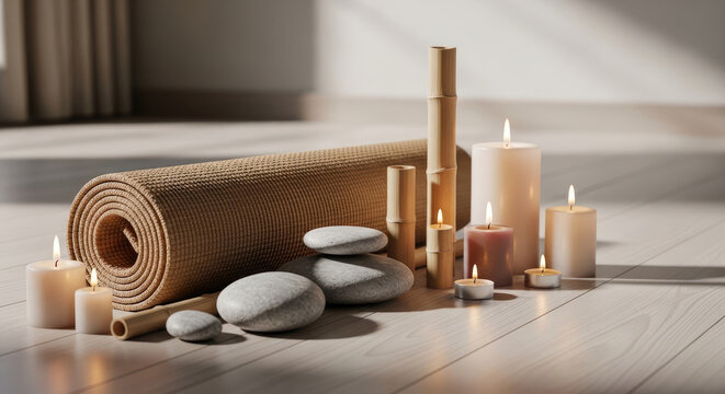 Cozy yoga setup with rolled mat, burning candles, bamboo, and zen stones