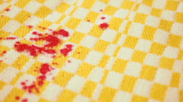 Stains on a yellow checkered cloth in a kitchen area