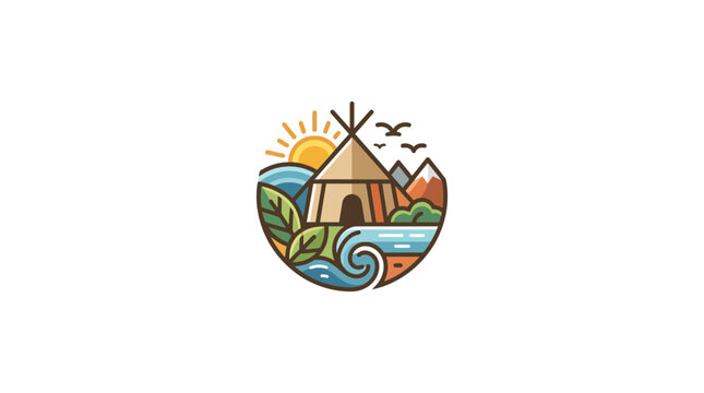 Minimalist Teepee Tent Logo Icon with Mountain and River Landscape