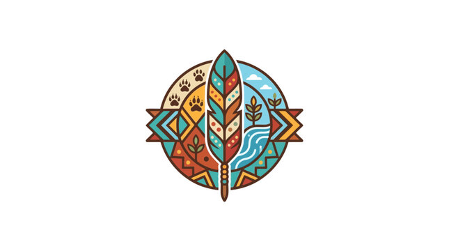 Native American Inspired Feather Emblem with Nature Patterns