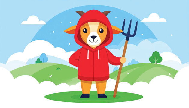 Cartoon devil dog in red hoodie.