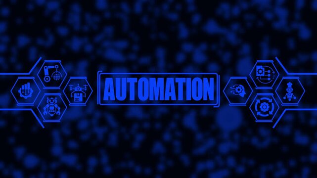 Digital automation concept with futuristic hud interface, robotic and network connectivity for industry 4.0 and smart technology business solutions