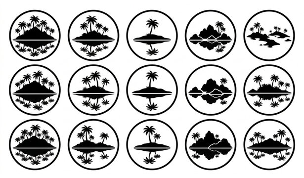 set of easter eggs Creative Tropical Island Silhouette Badges with Palm Trees and Water Reflections Vector Set