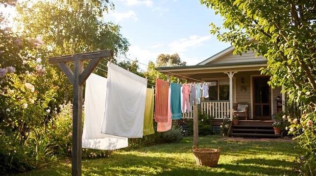 Laundry washing line fresh clothes hanging outside house rural garden drying in summer sun on organic cottage backyard lawn landscape