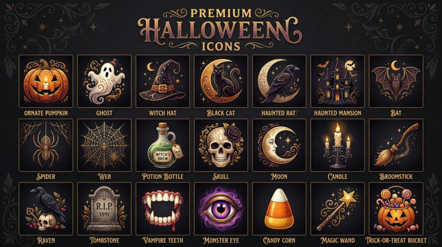 Spooky Halloween icons showcase various creepy objects on a dark background