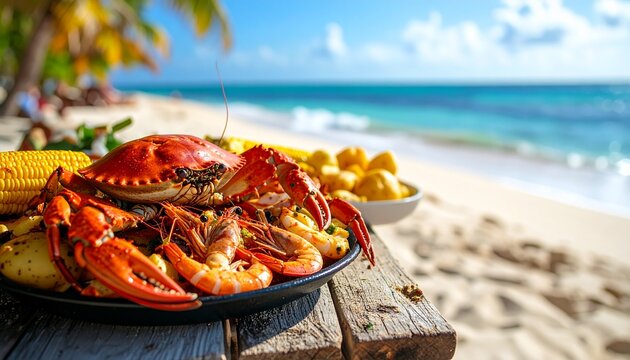 Fresh seafood platter on wooden table at sunny beachside restaurant with ocean view