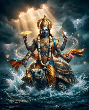 Hindu deity kurma avatar riding a giant turtle on stormy ocean waves