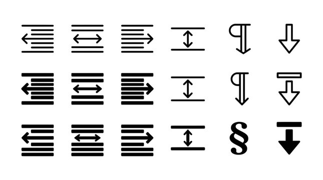 Set of UI text alignment, spacing and paragraph document formatting symbols in black and white styles, alignment