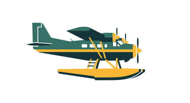 Green and yellow seaplane floating on water illustration.