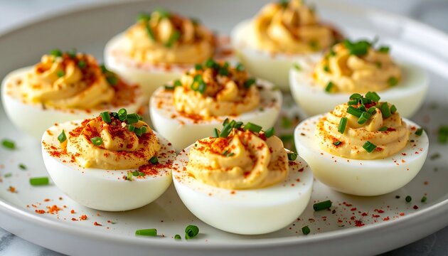 Delicious deviled eggs are garnished with herbs on a plate indoors