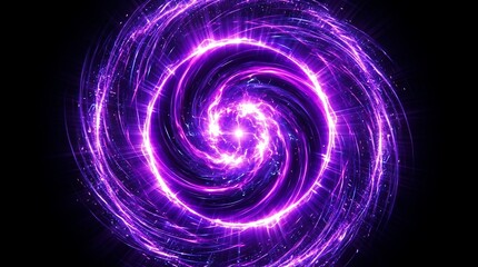 Radiant purple energy swirling in a vibrant cosmic vortex with bright glowing light particles creating a dynamic motion effect against a deep dark black background space