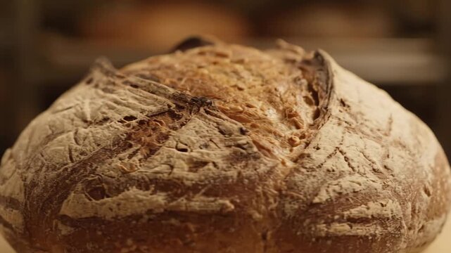 Extremely close-up detail shot of a fresh, homemade artisan sourdough bread loaf with a perfectly crunchy, rustic crust texture and flour dusting, ready to be sliced.